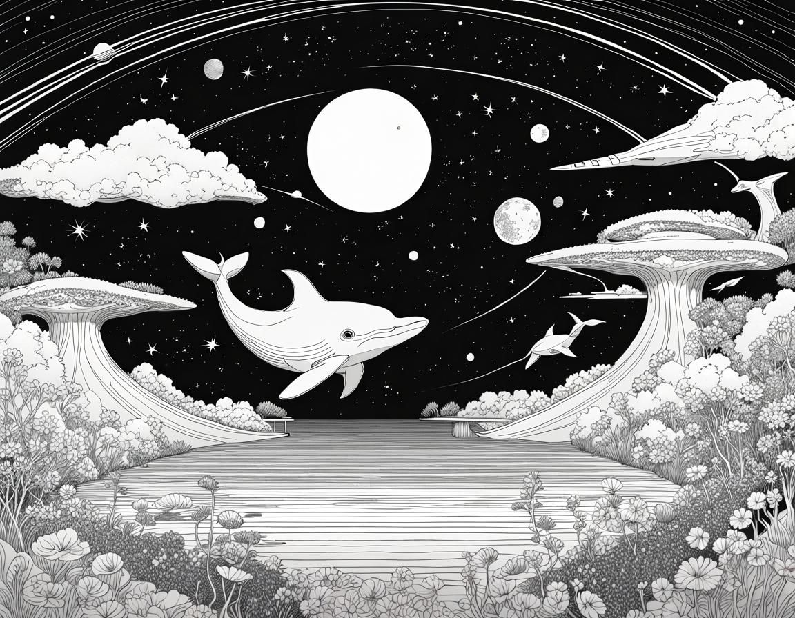 Cosmic Dolphins in Anime Line Art Style