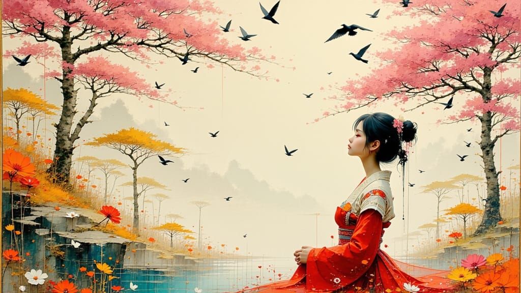 Serene Woman Shares Dreams in Spring, Japanese Art Style