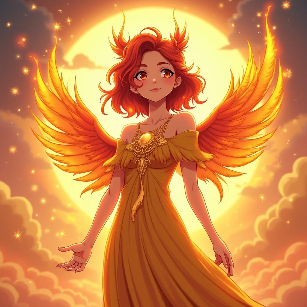 Enchanting Phoenix-Inspired Bird Girl in Glowing Sunrise Aes...