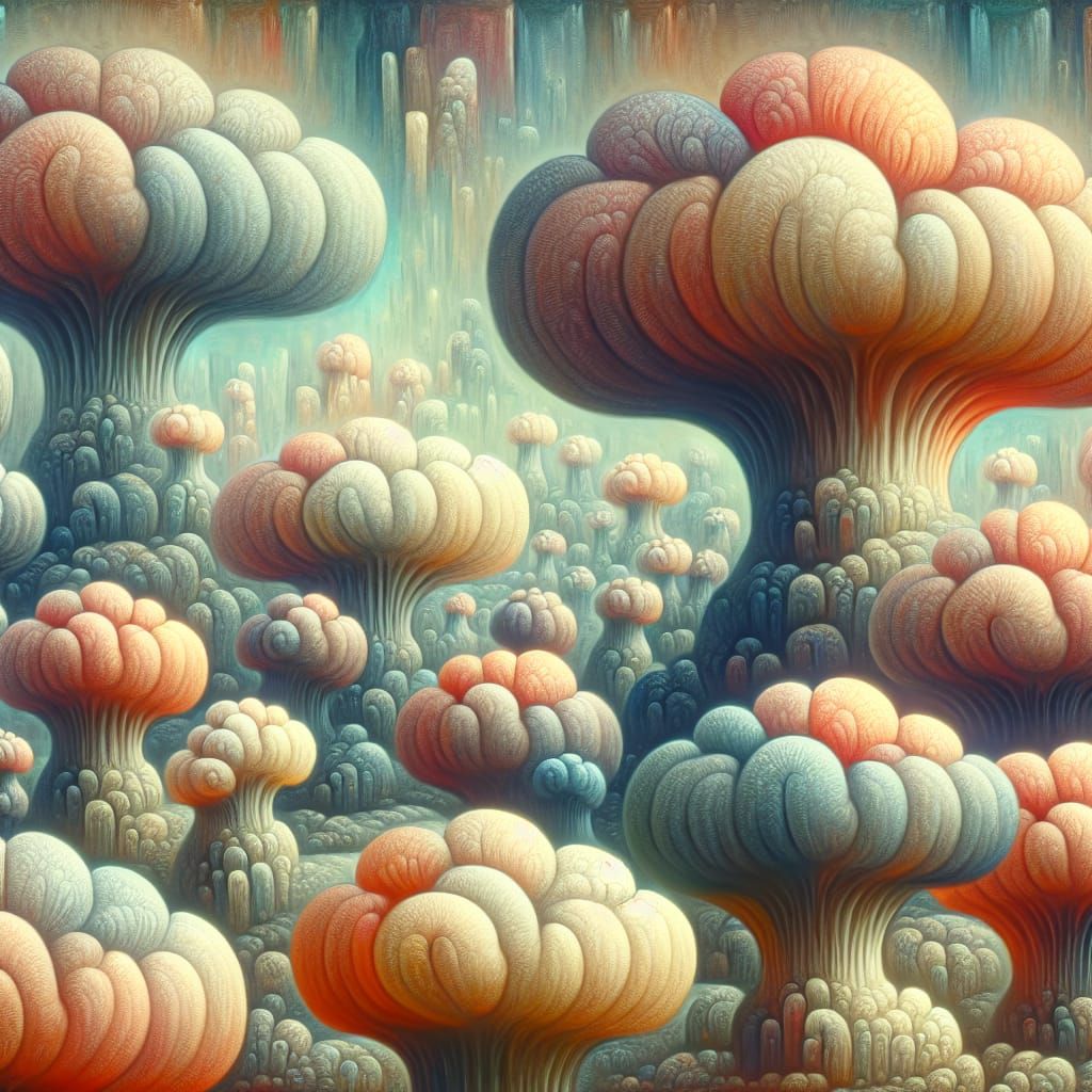 Surreal Fungus City with Fantastical Creatures