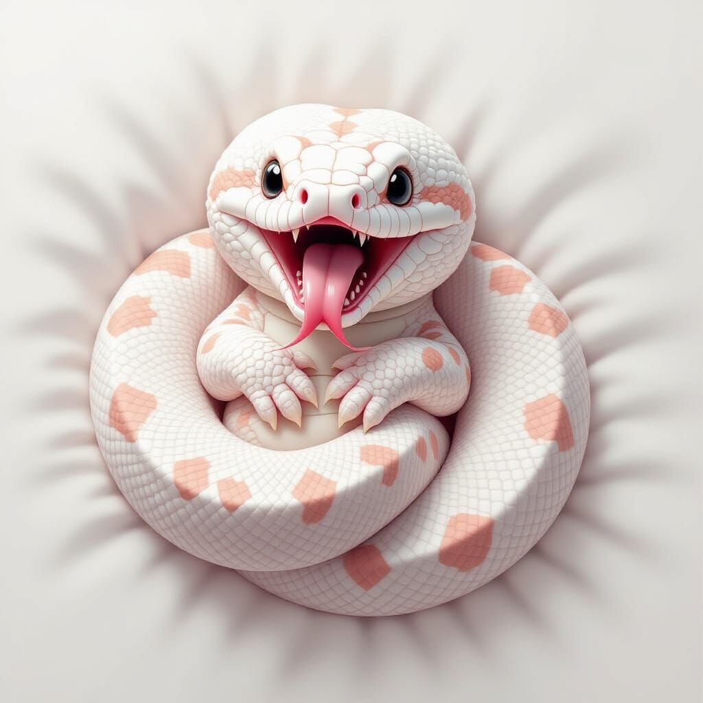 White-Pink Snake Baby Curled in Ball, Digital Illustration