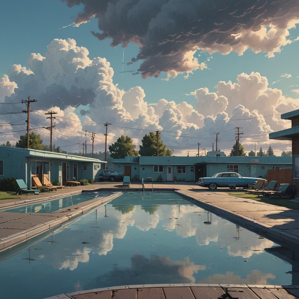 Motel Pool in Retro-Futuristic Style