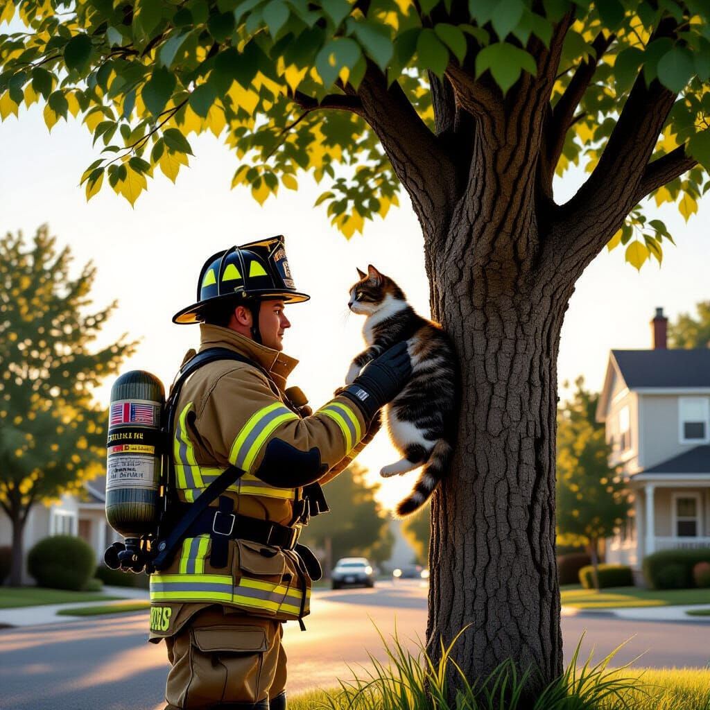 Heroic Firefighter Rescues Cat From Tree in Realistic Art St...