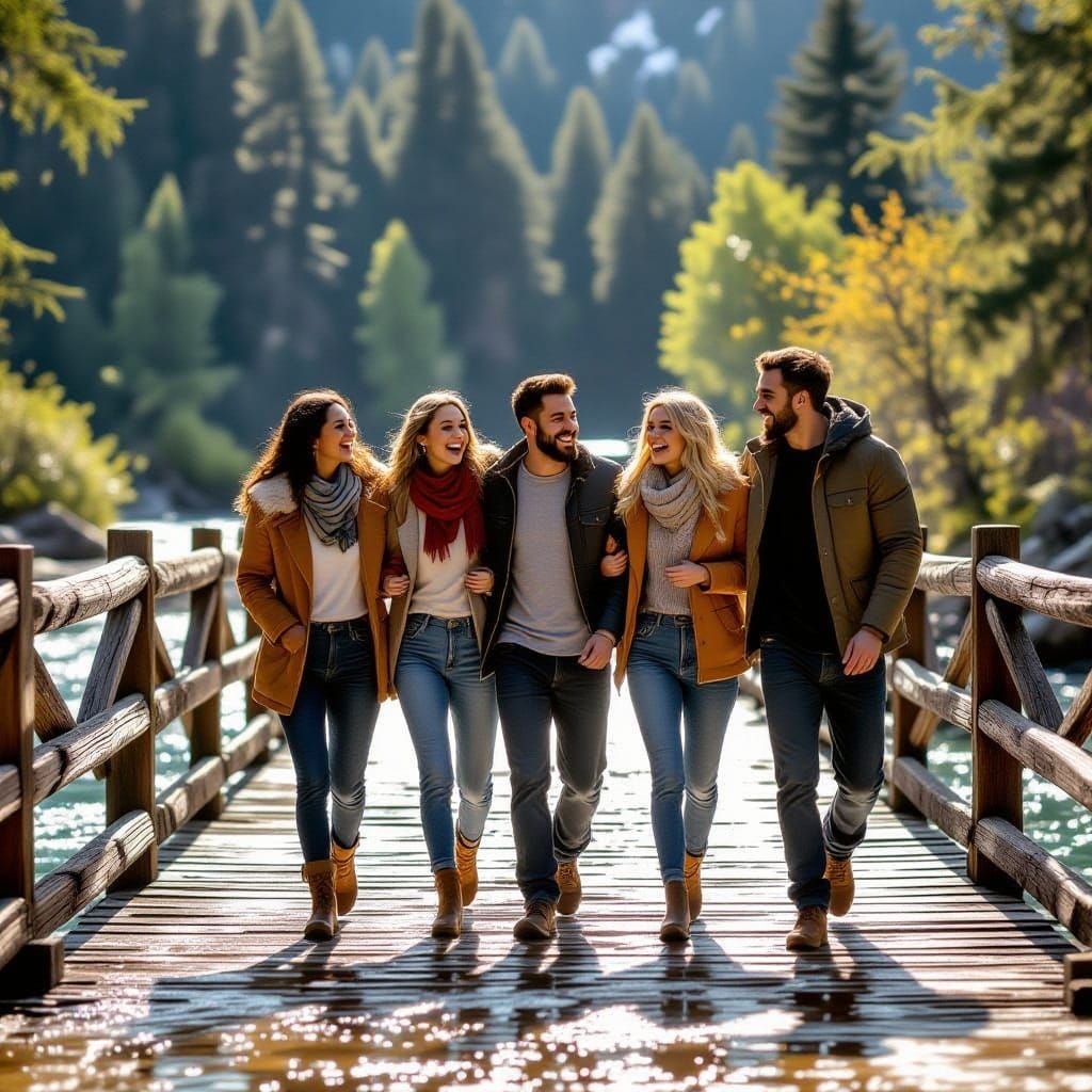 Friends Laughing on Wooden Bridge Over Sparkling River