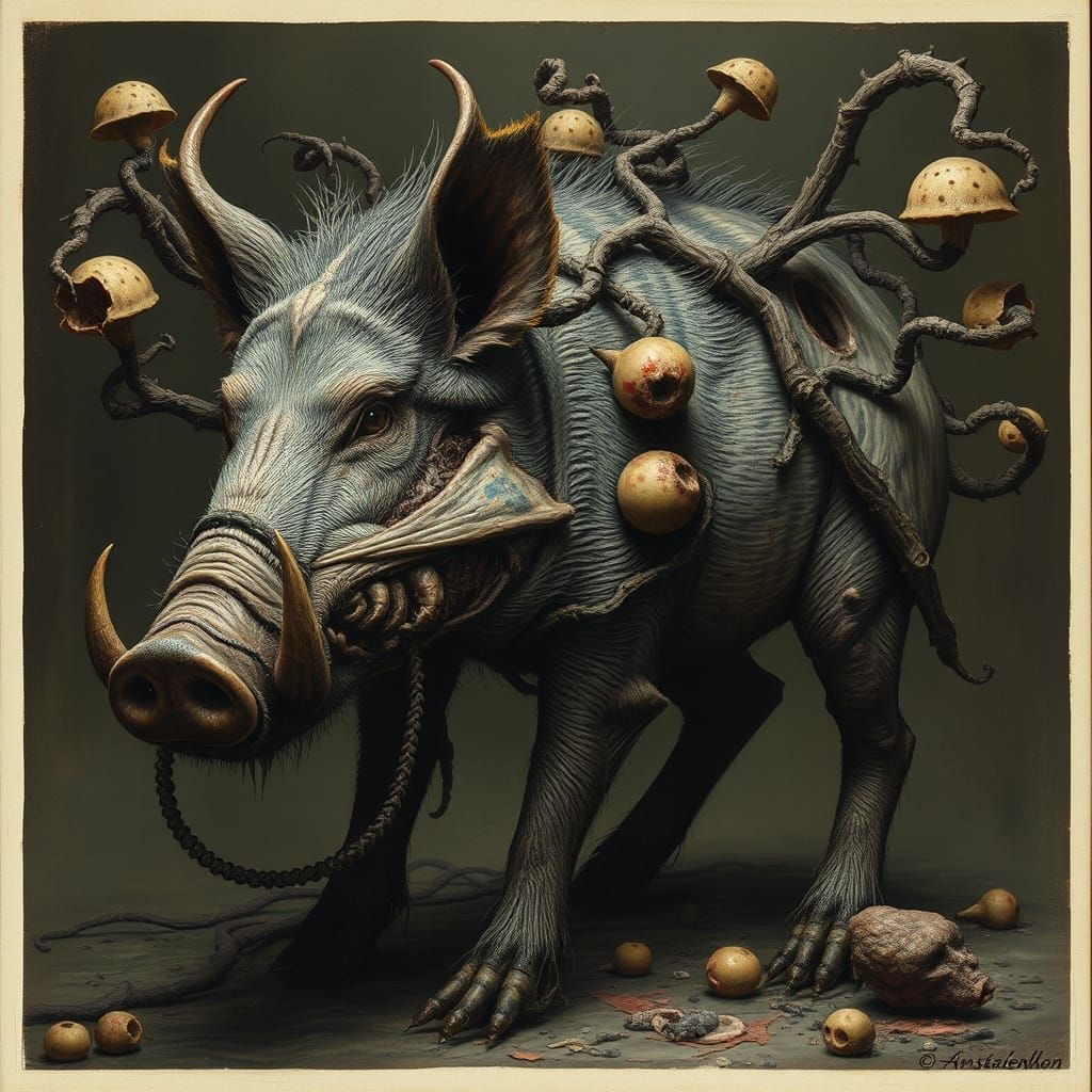 Decaying Boar Overgrown with Fungus in Biomechanical Style