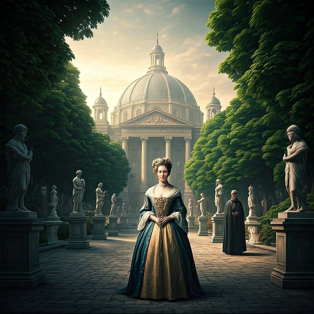 Lady Bisquitine in Baroque Park with Dome of Mists