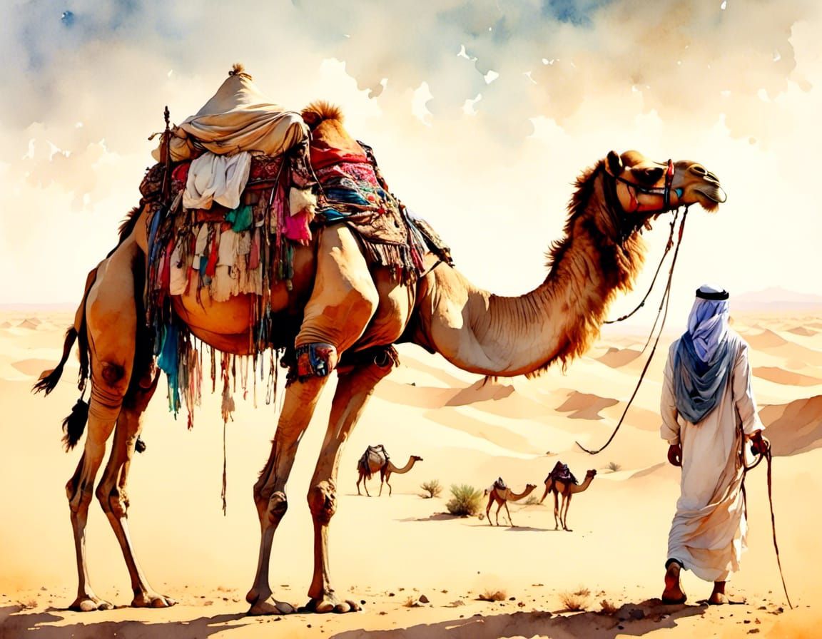 Arab Sheikh and Camel in Watercolor Style