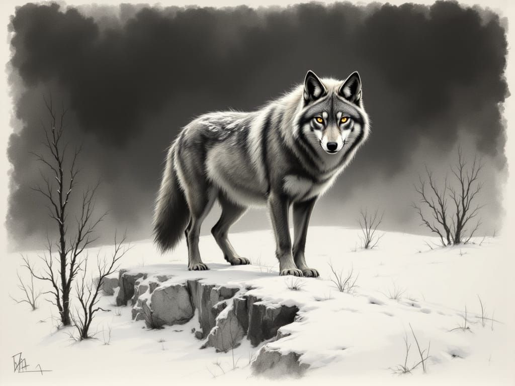 Striking Monochrome Arctic Wolf in Winter Landscape