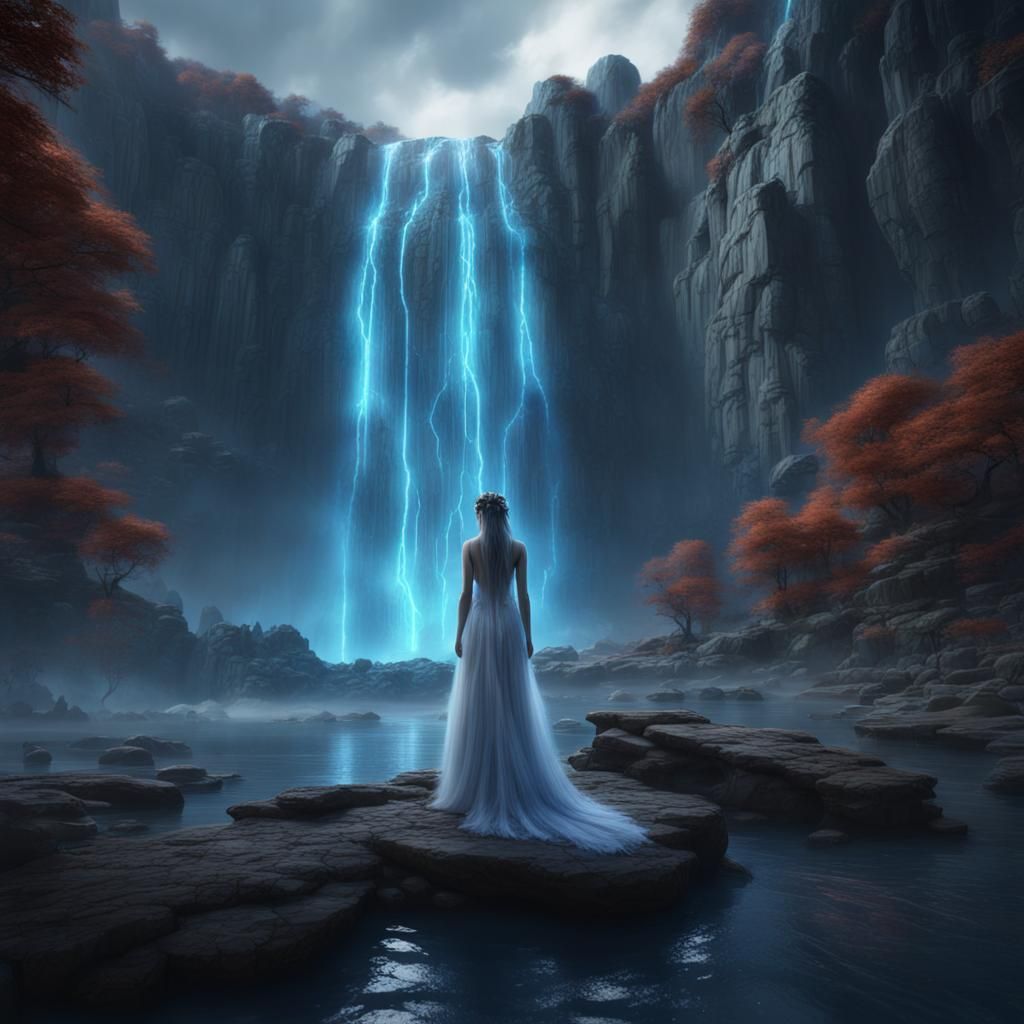 Mystical Blue Waterfall Scene with Ghost Bride