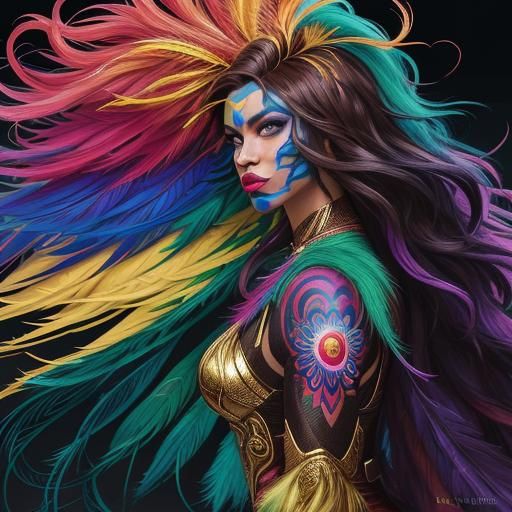 Vibrant Comic Book Art of a Woman with Peacock Hair