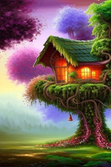 Whimsical Futuristic Treehouse Amidst Overgrown Hill