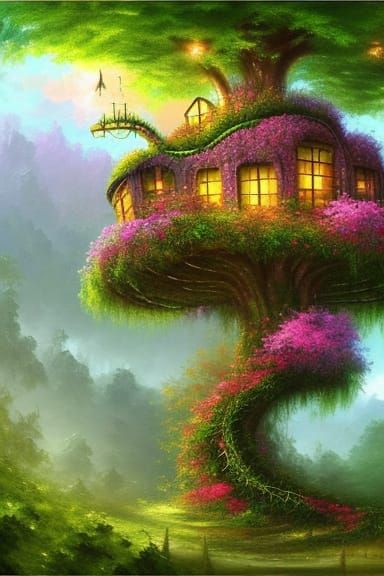 Whimsical Futuristic Treehouse Digital Matte Painting