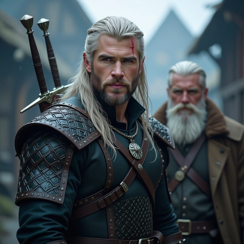 Geralt and Vesemir in Dark Fantasy Landscape