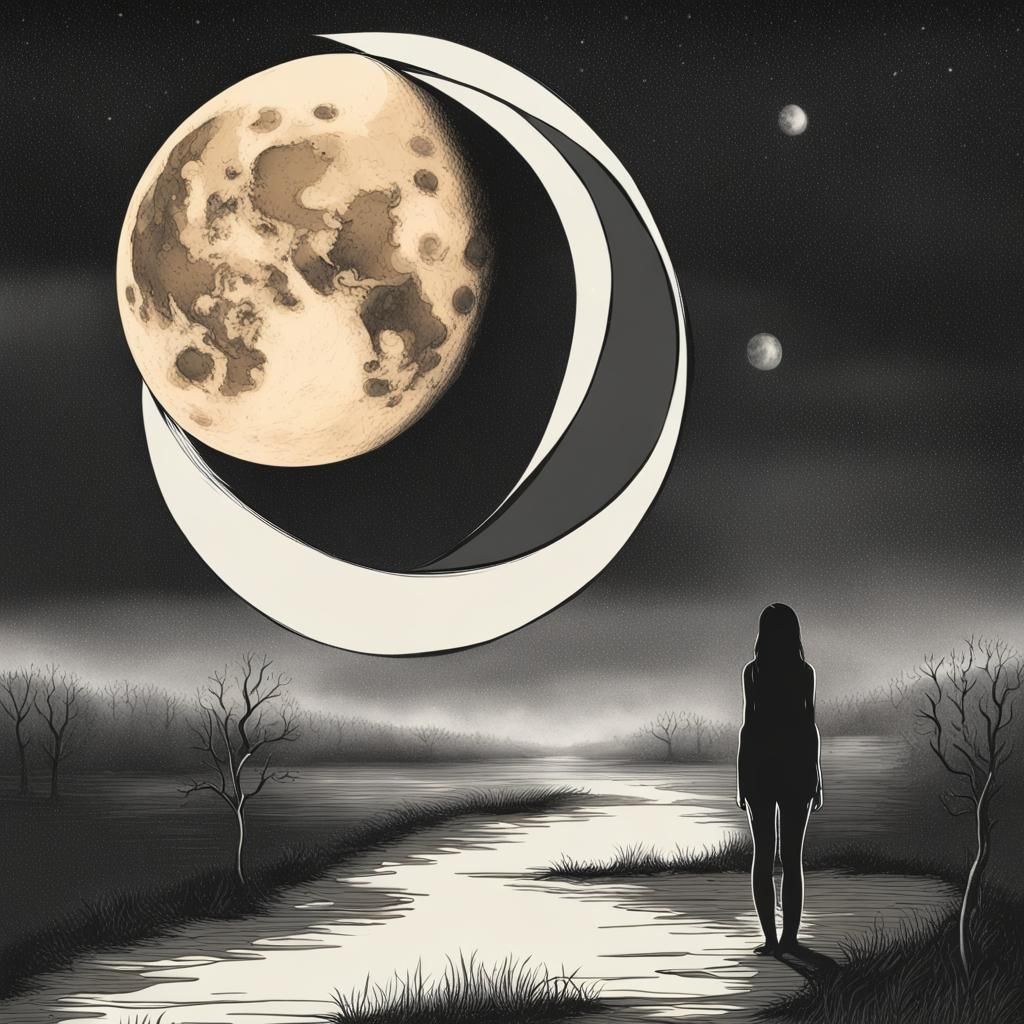 Surreal Double Moonscape Reflecting Inner Turmoil
