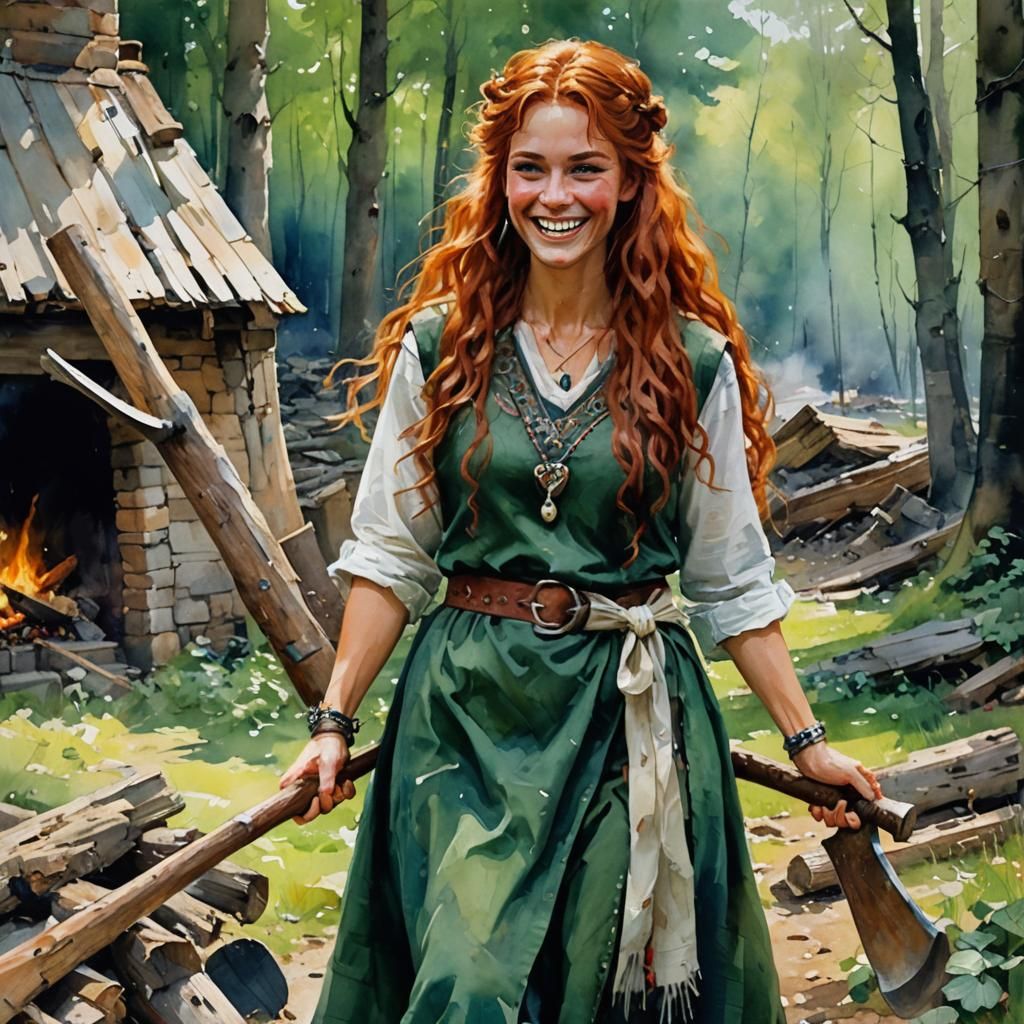 Norse Girl Chopping Wood in Post-Impressionistic Watercolor