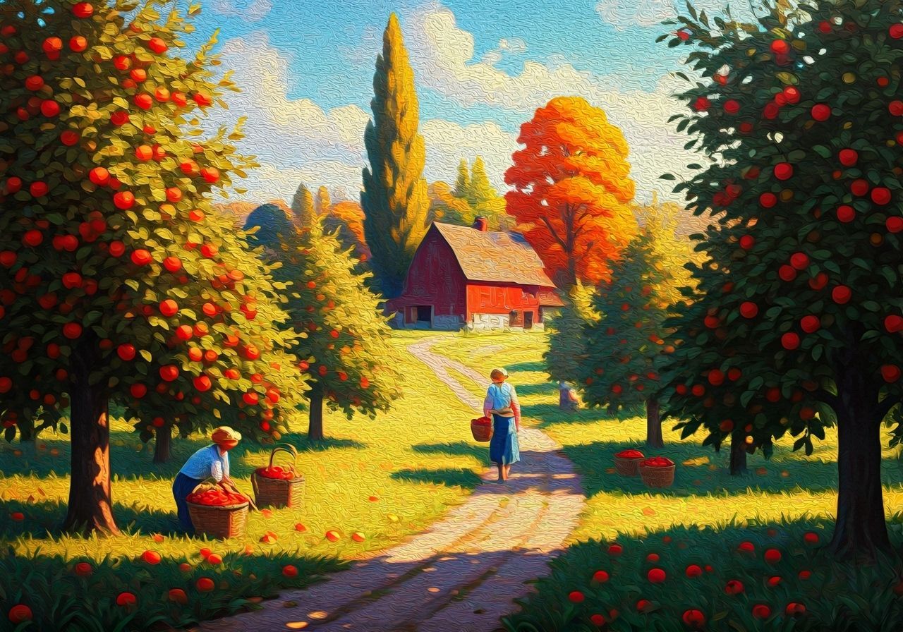 Autumn Apple Harvest Oil Painting in Orchard