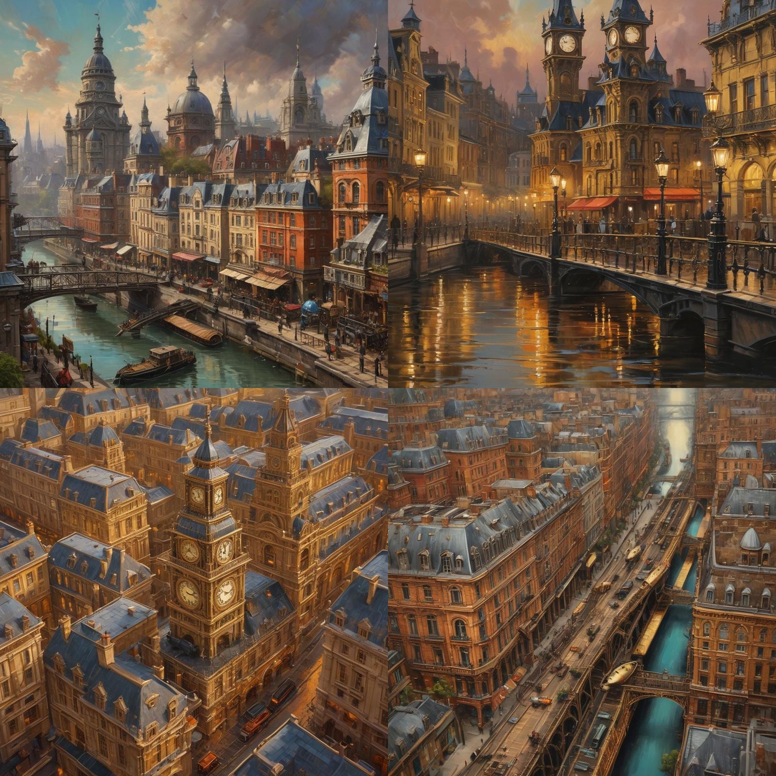 Steampunk Cityscape with Neo-Impressionist Oil Painting Styl...