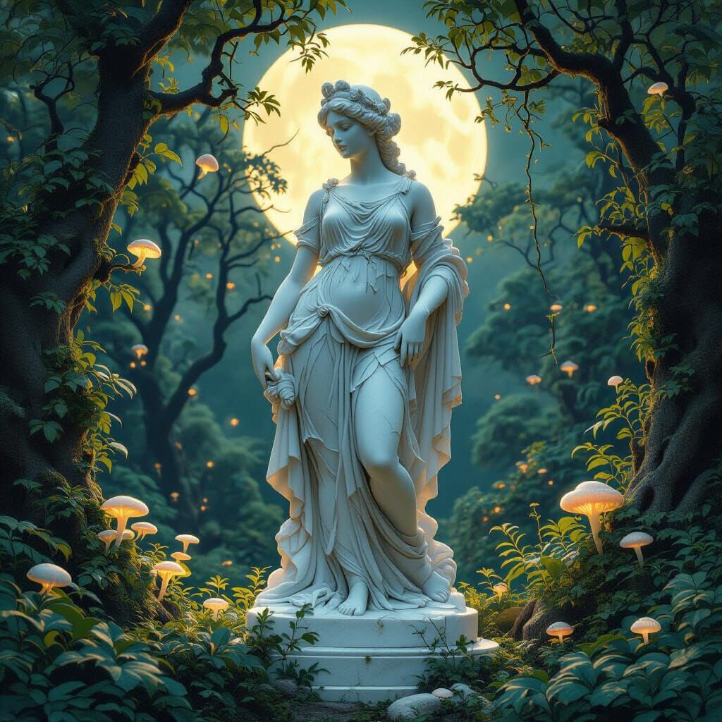Nymph Statue with Alien Flora in Moonlit Forest