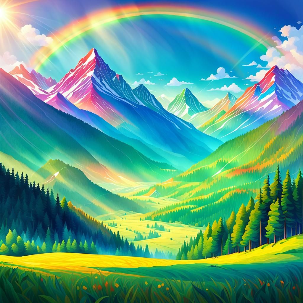 Majestic Mountains Graced by a Double Rainbow