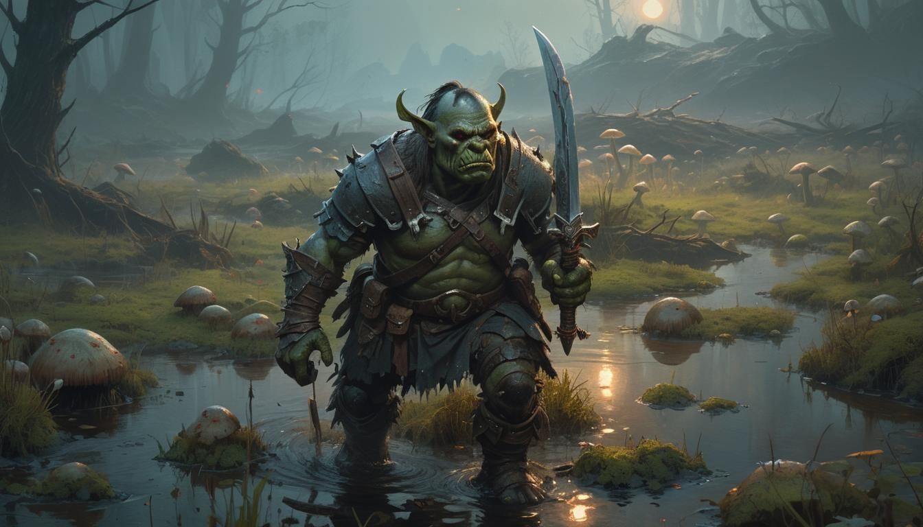 Orc Soldier in Murky Bog: Dark Fantasy Art