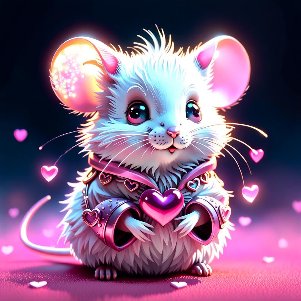An enchanting scene of a tiny mouse radiating a pastel pink glow. Adorable, tiny, fluffy fur, pastel pink glow, sparklin...