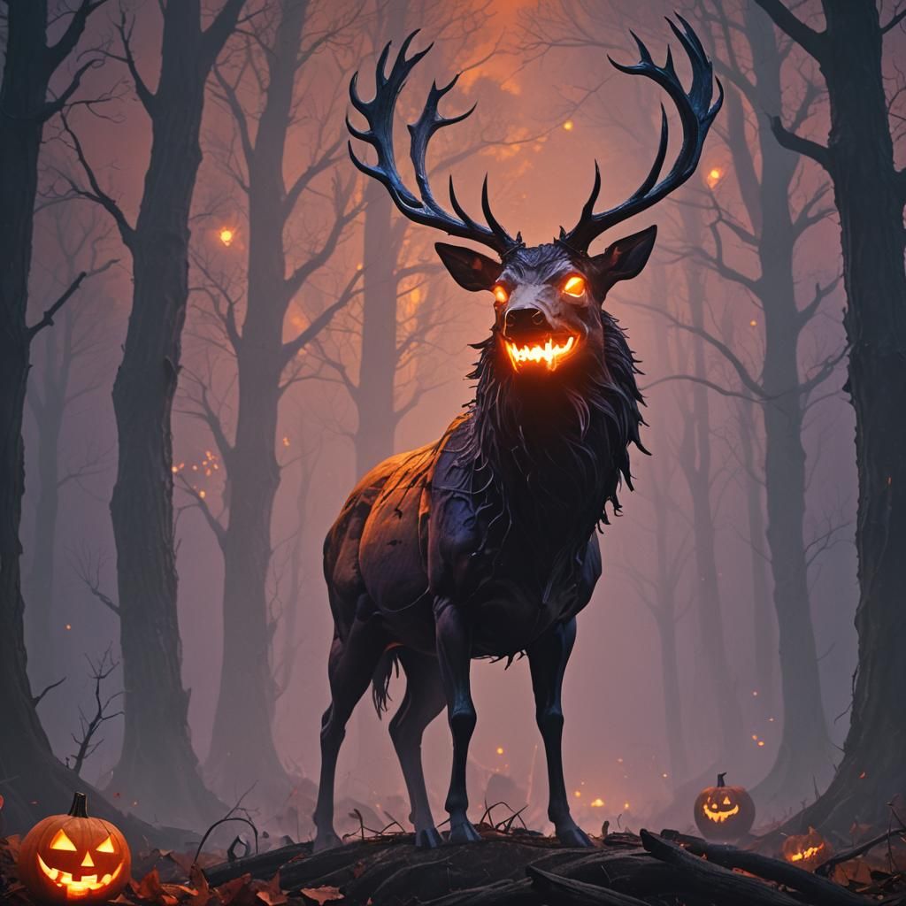 Eerie Stag with Jack-O'-Lantern Head in Dark Fantasy