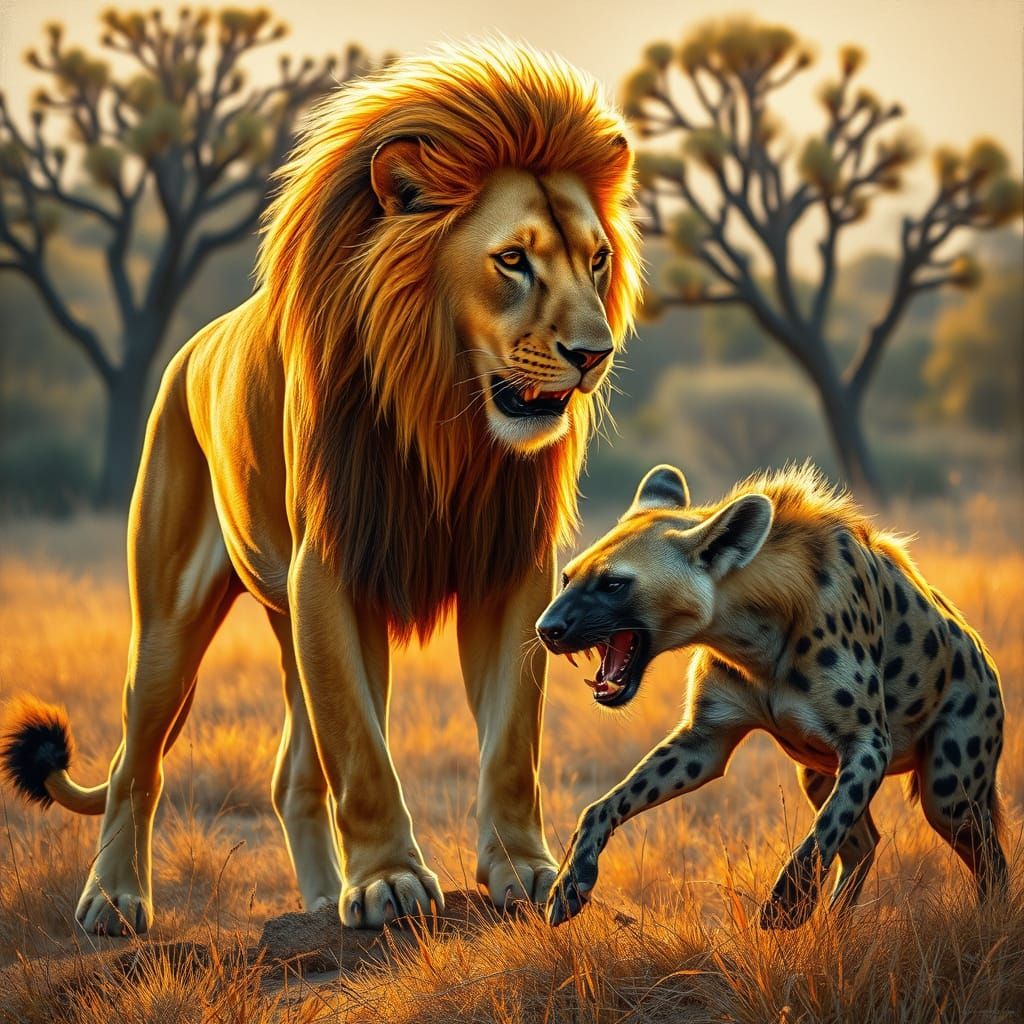 Regal Lion Confronts Snarling Hyena in Golden Savannah Light