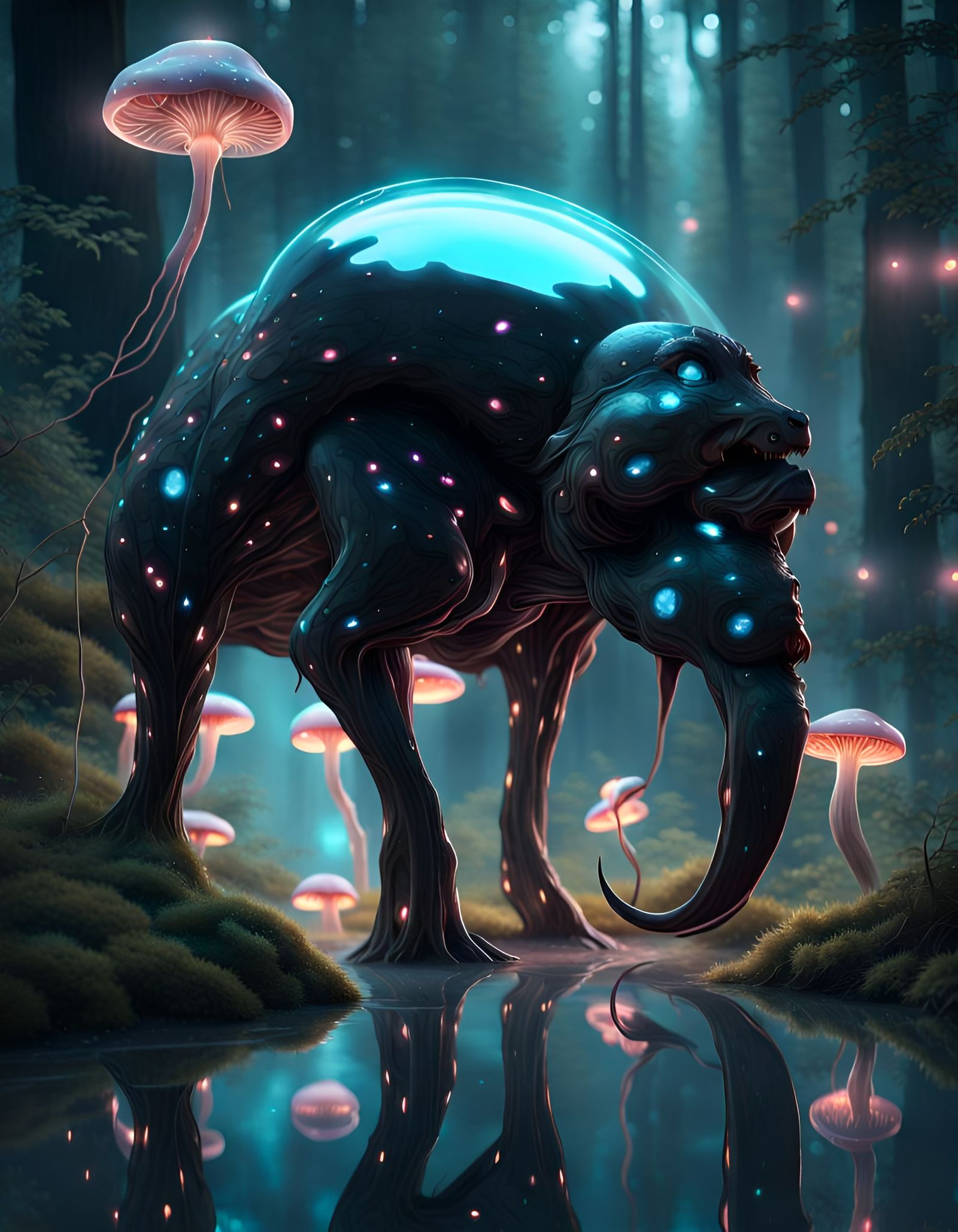 Reflective Black Glass Beetle in Bioluminescent Forest