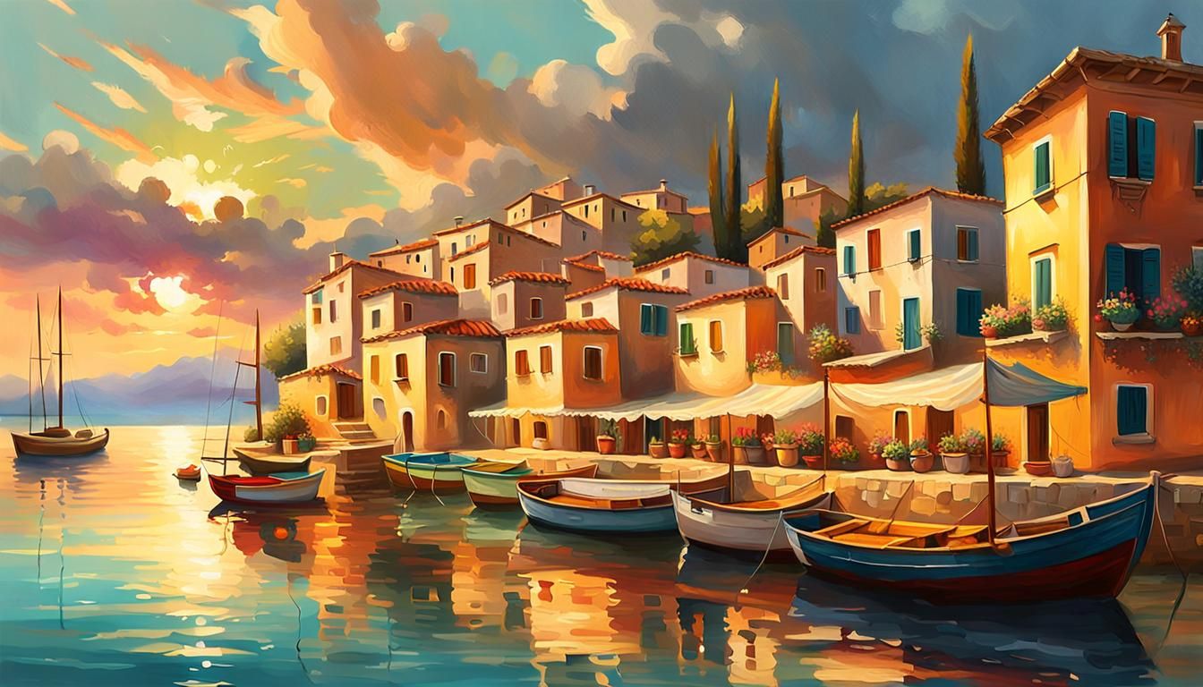 Mediterranean Fishing Village at Sunset in Marine Art Style