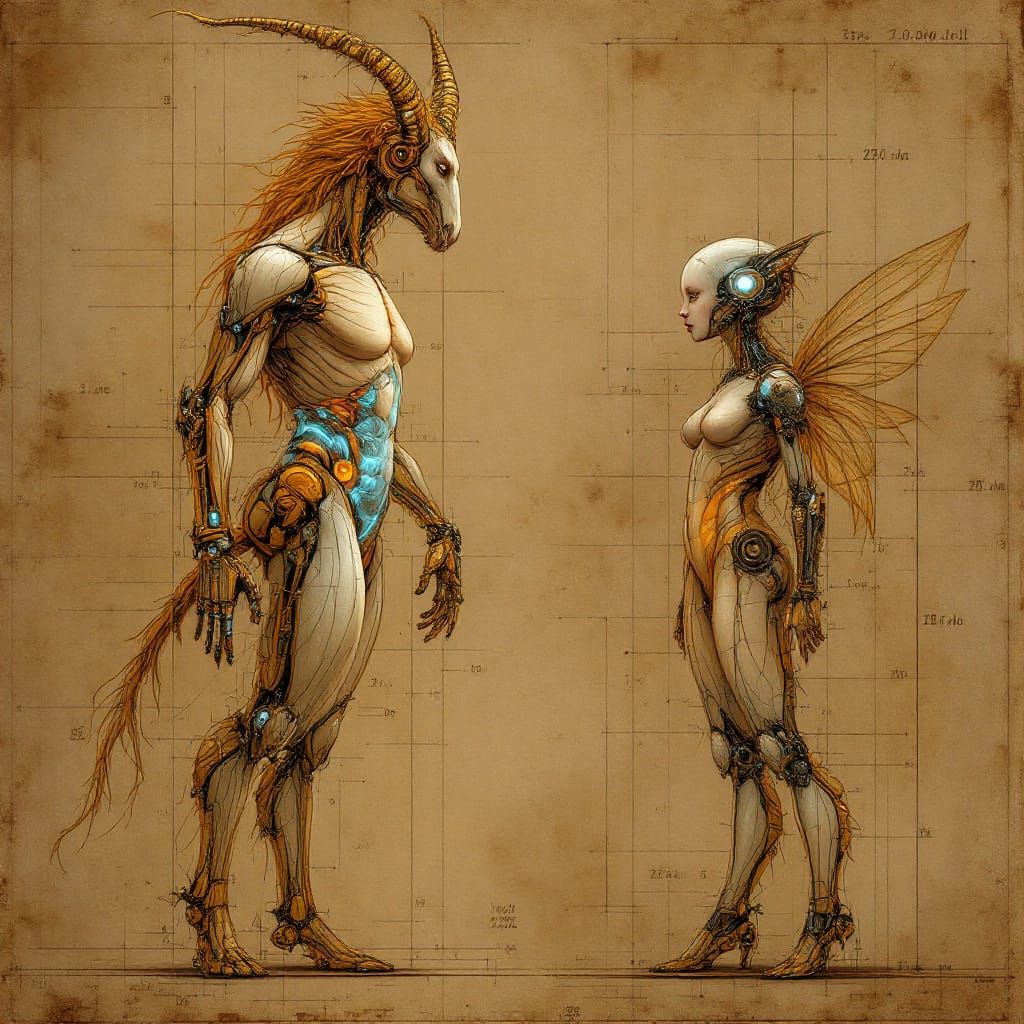 Centaur and Pixie Anatomical Illustrations in Da Vinci Style