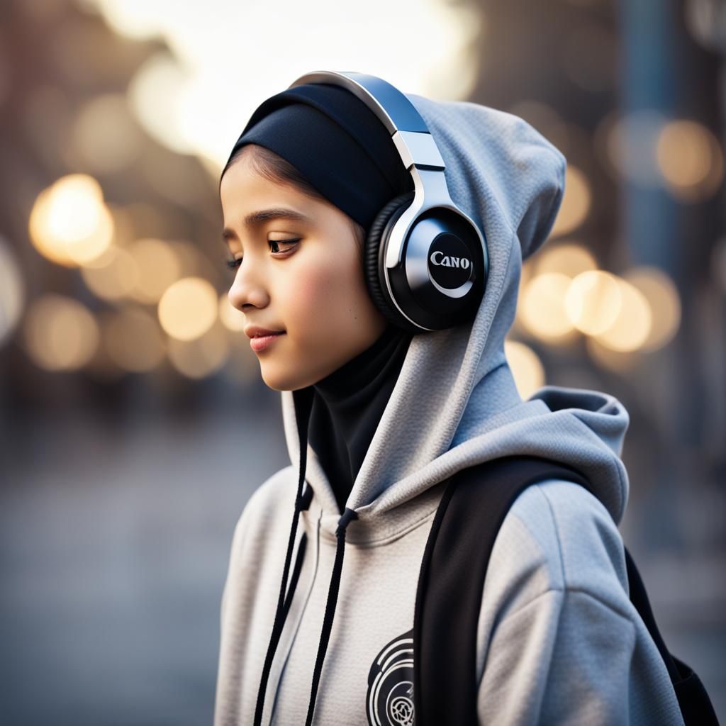 Muslim Girl with Headphones, Professional Photography
