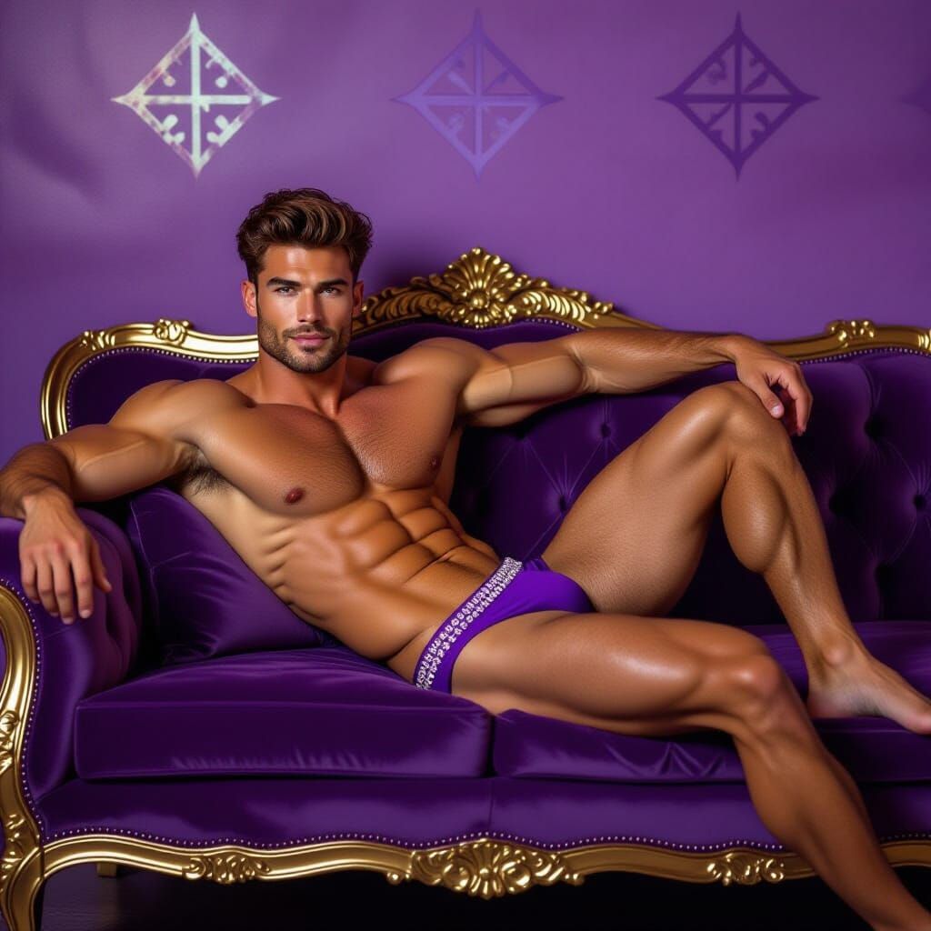 Muscular Man Lounging on Purple Couch in Photorealistic Styl...