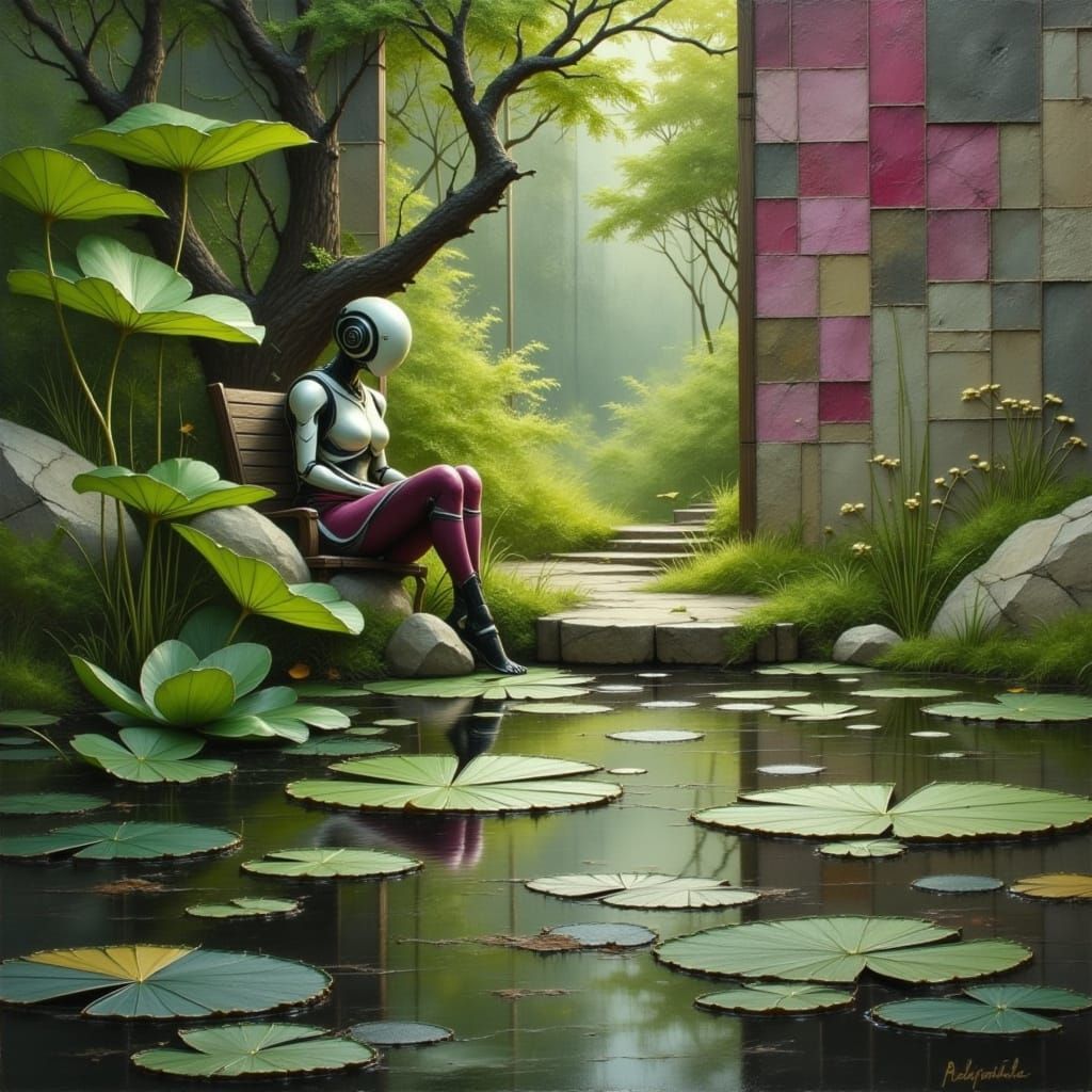 Robot Contemplating Tranquil Pond in Secluded Garden