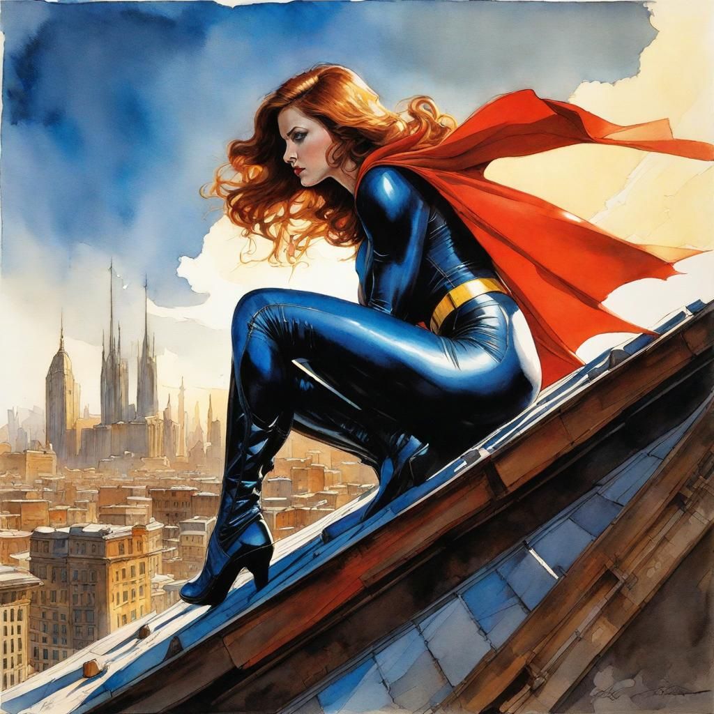 Gotham Superheroine: Watercolor and Ink Art
