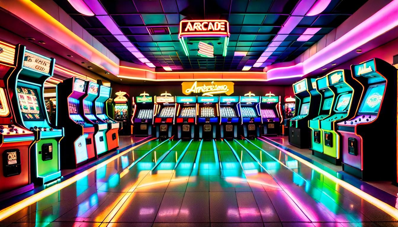 Add into the background an Americana Arcade Style UHD WIDESCREEN panoramic view of Centered portrait inside a gigantic m...