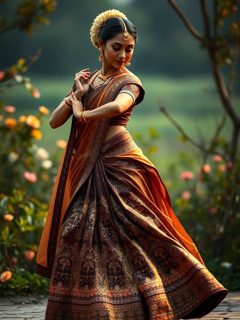 A graceful Indian classical dancer in mid-motion, adorned in intricate traditional attire. She wears a richly embroidere...