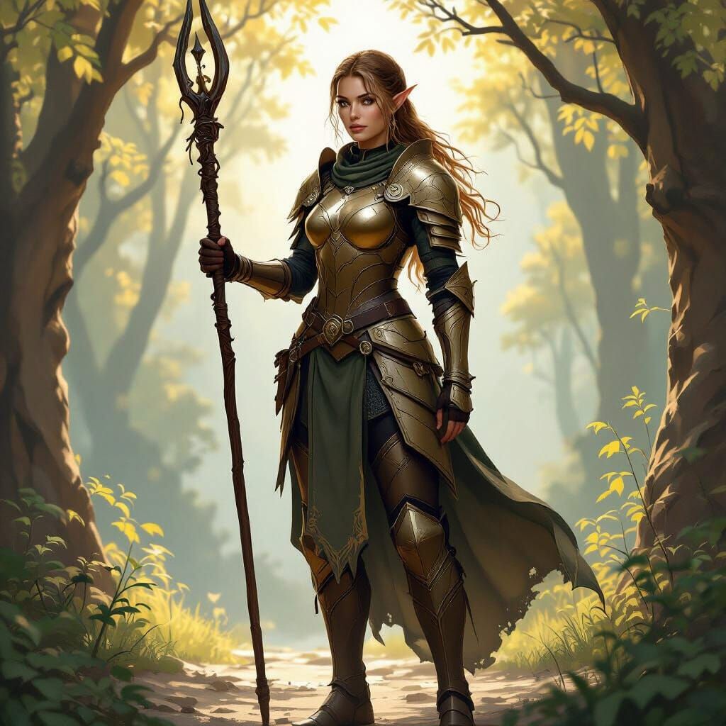 Elven Knight in Lamellar Armor in Industrial Forest City