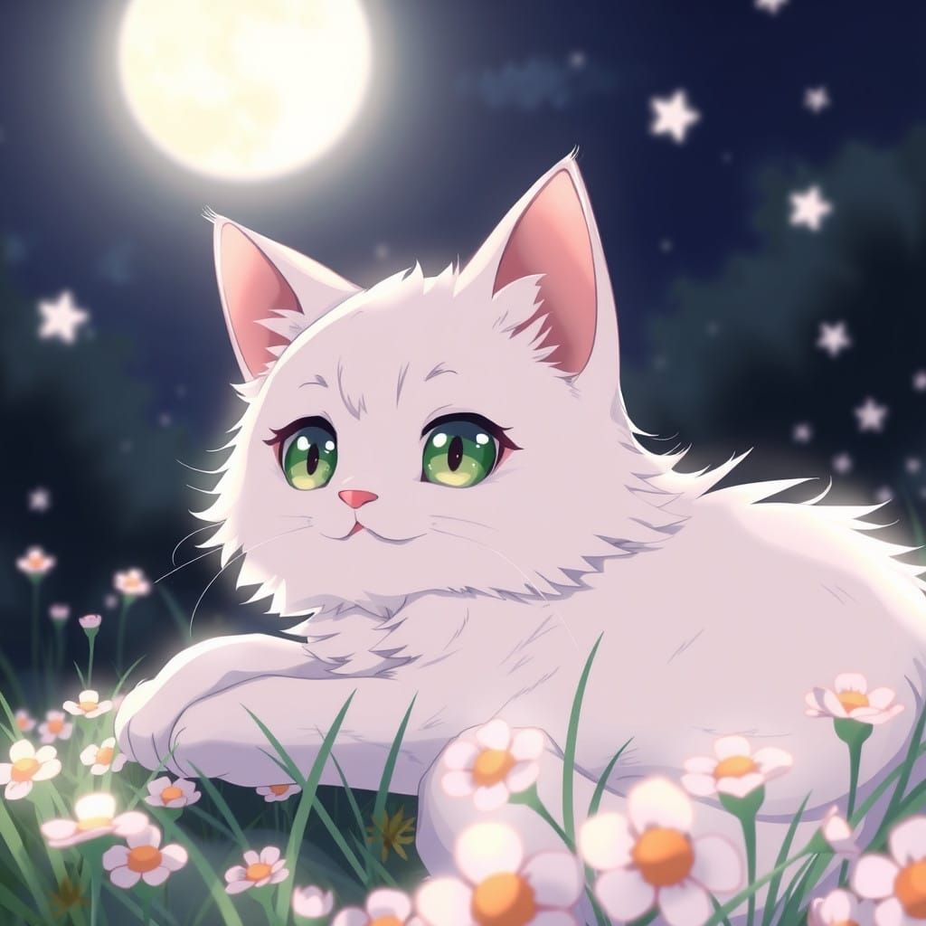 Whimsical Anime Cat Rests in Moonlit Field