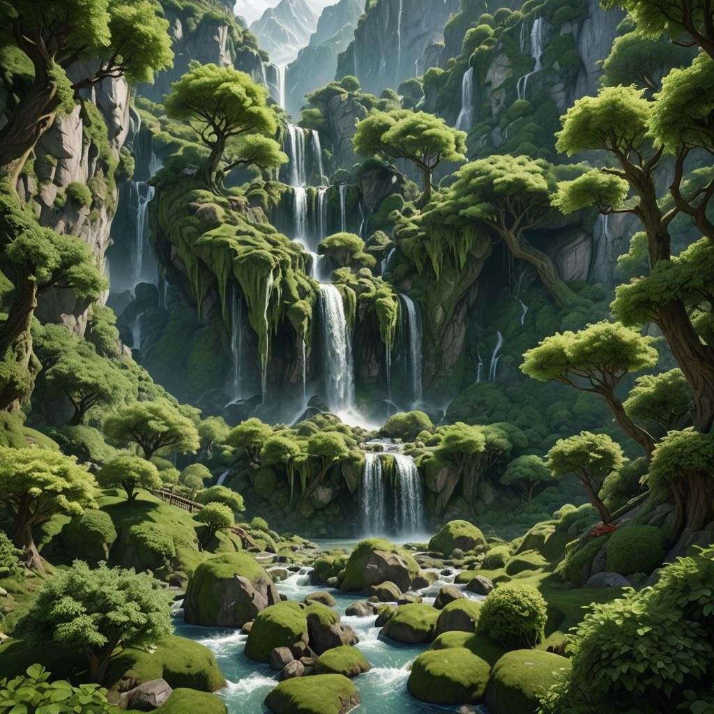 Green Alpine Landscape with Waterfalls and Fruit Trees