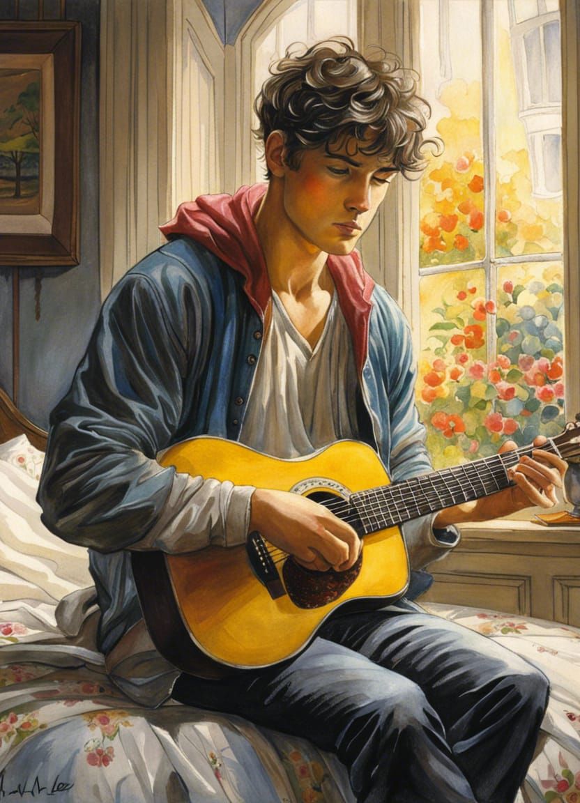 Cozy Guitarist in Rainy Window, Magical Art