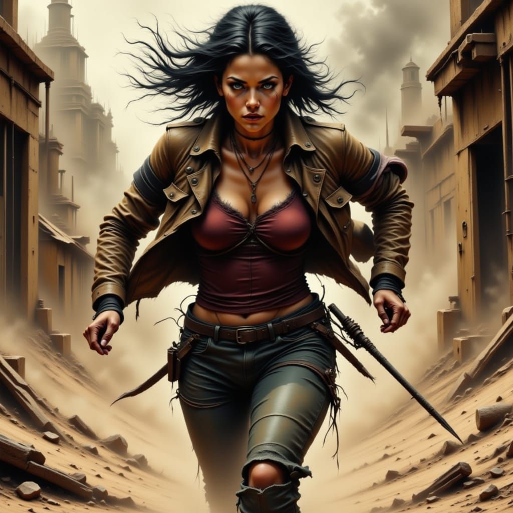 Wasteland Warrior Woman Runs with Spear