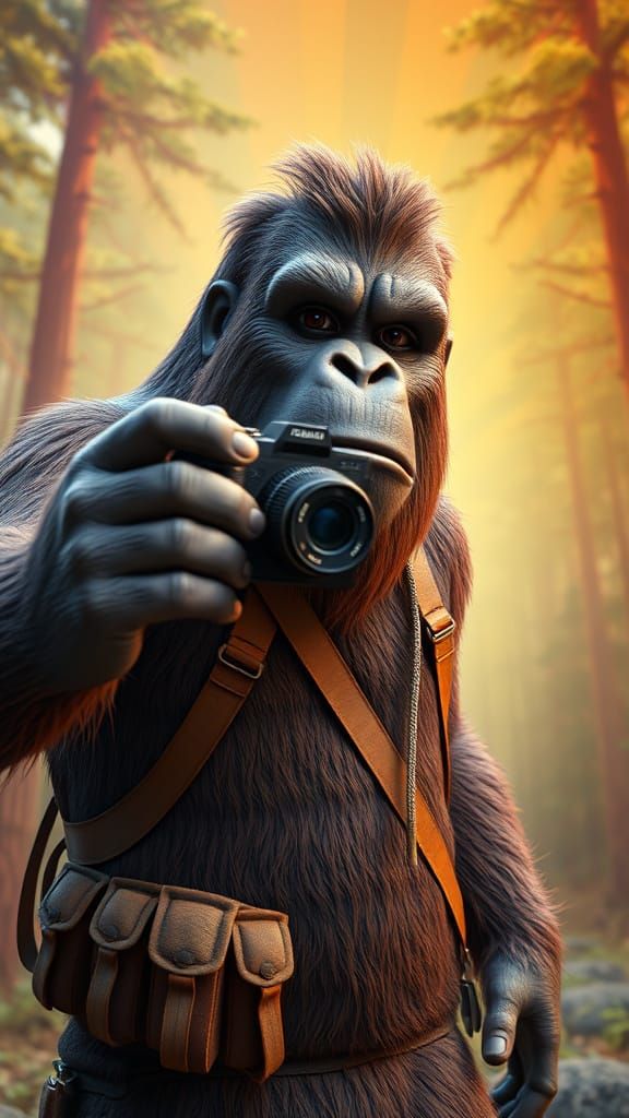 A life like Bigfoot he has a selfie   
Stick with a camera w...