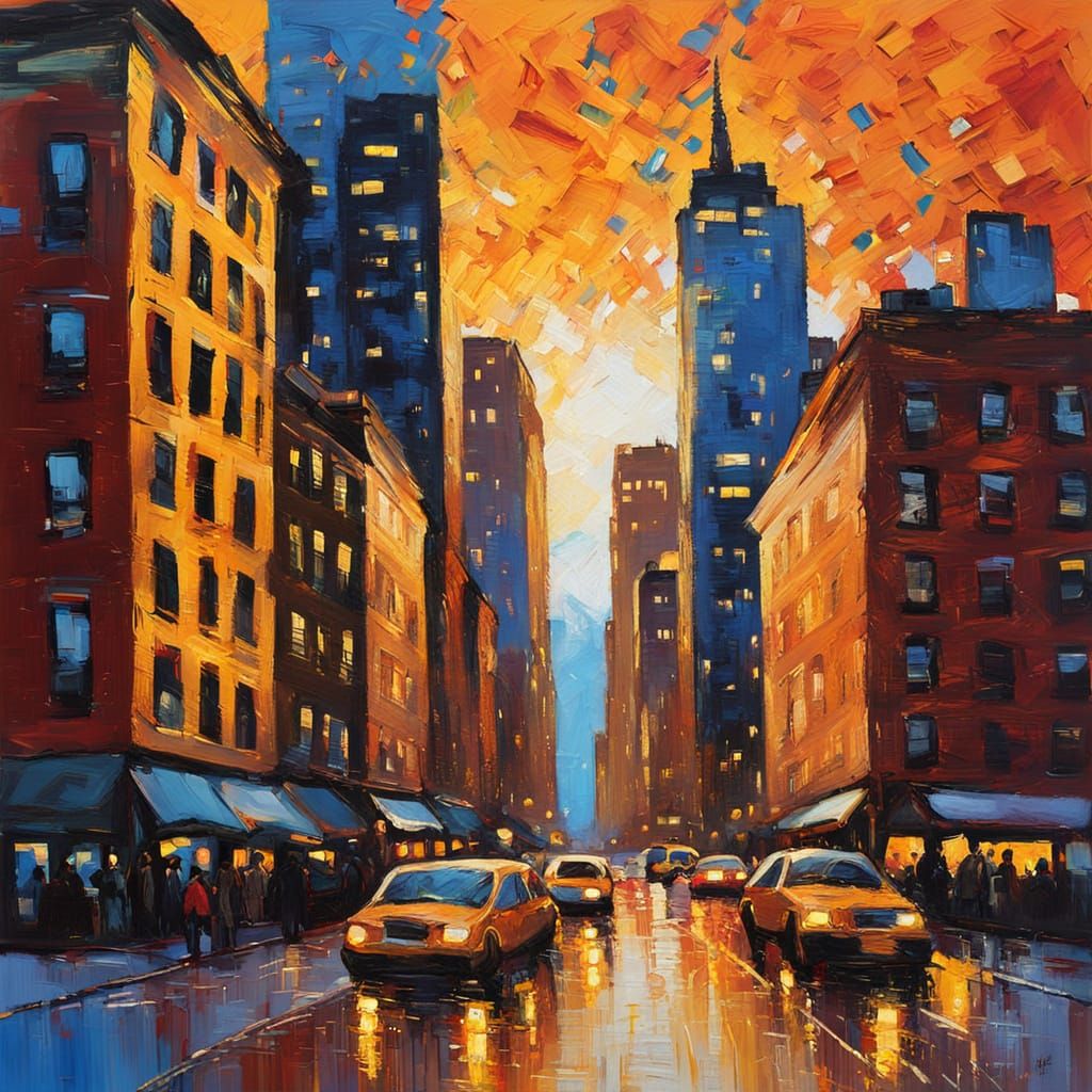 Manhattan Dusk Cityscape in Neo-Impressionist Style