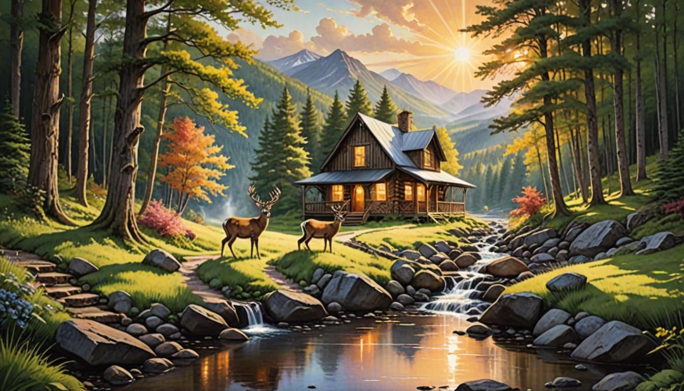 Hyperrealistic Appalachian Landscape with Deer and Cabin