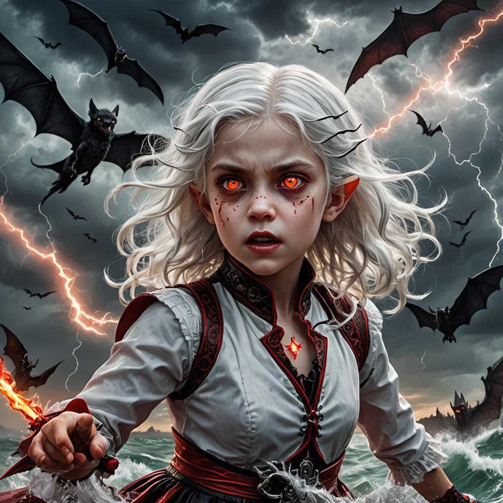 Vampire Child Soaring Over a Red Bat Ocean