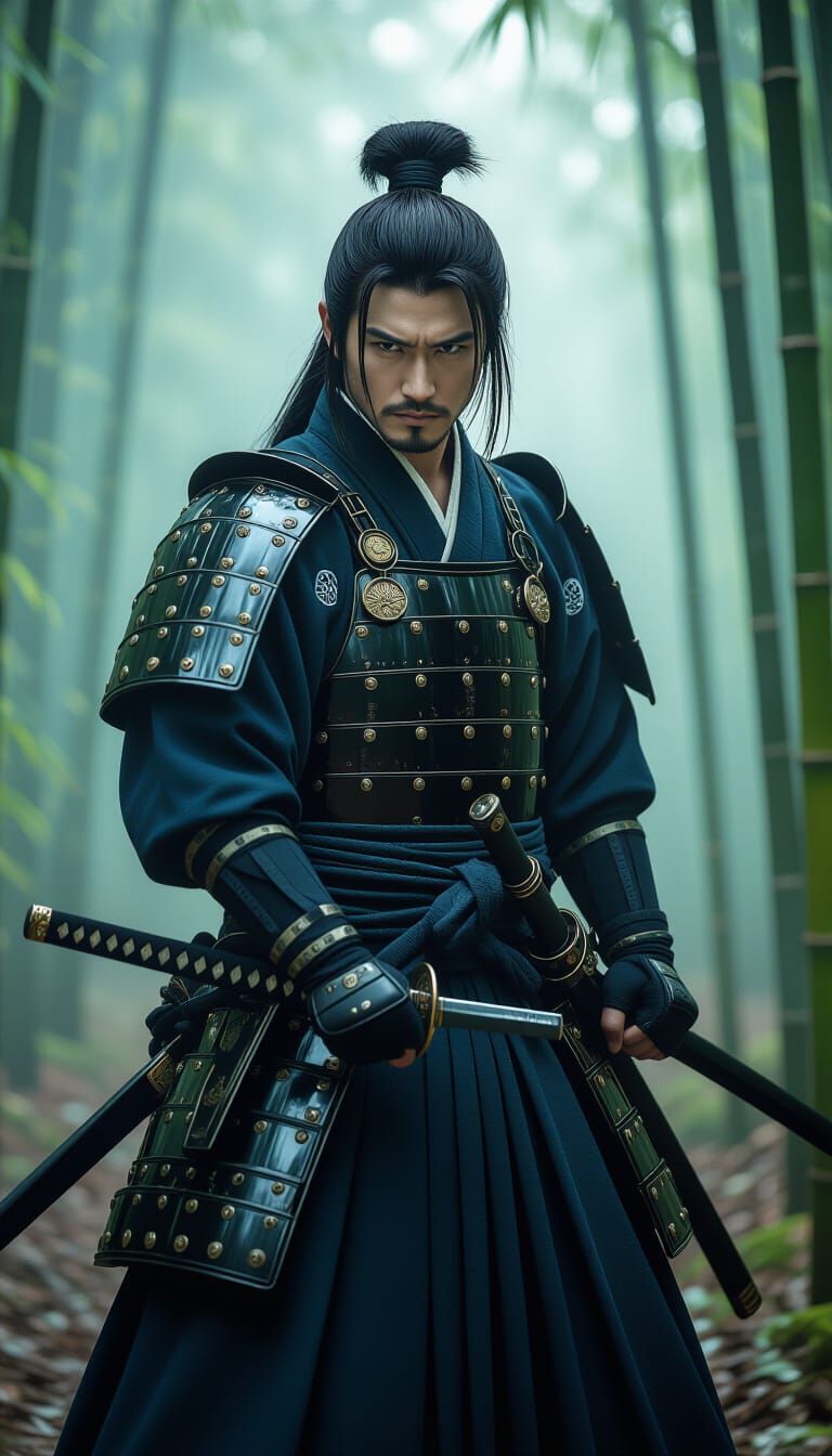 Young Samurai Warrior in Misty Bamboo Forest