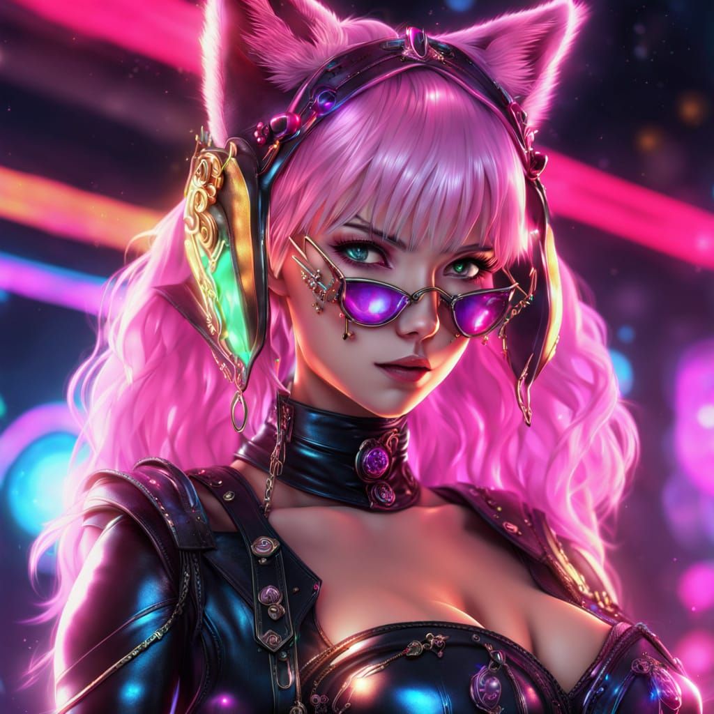 Elegant Kitty Babe in Neon Anime Style