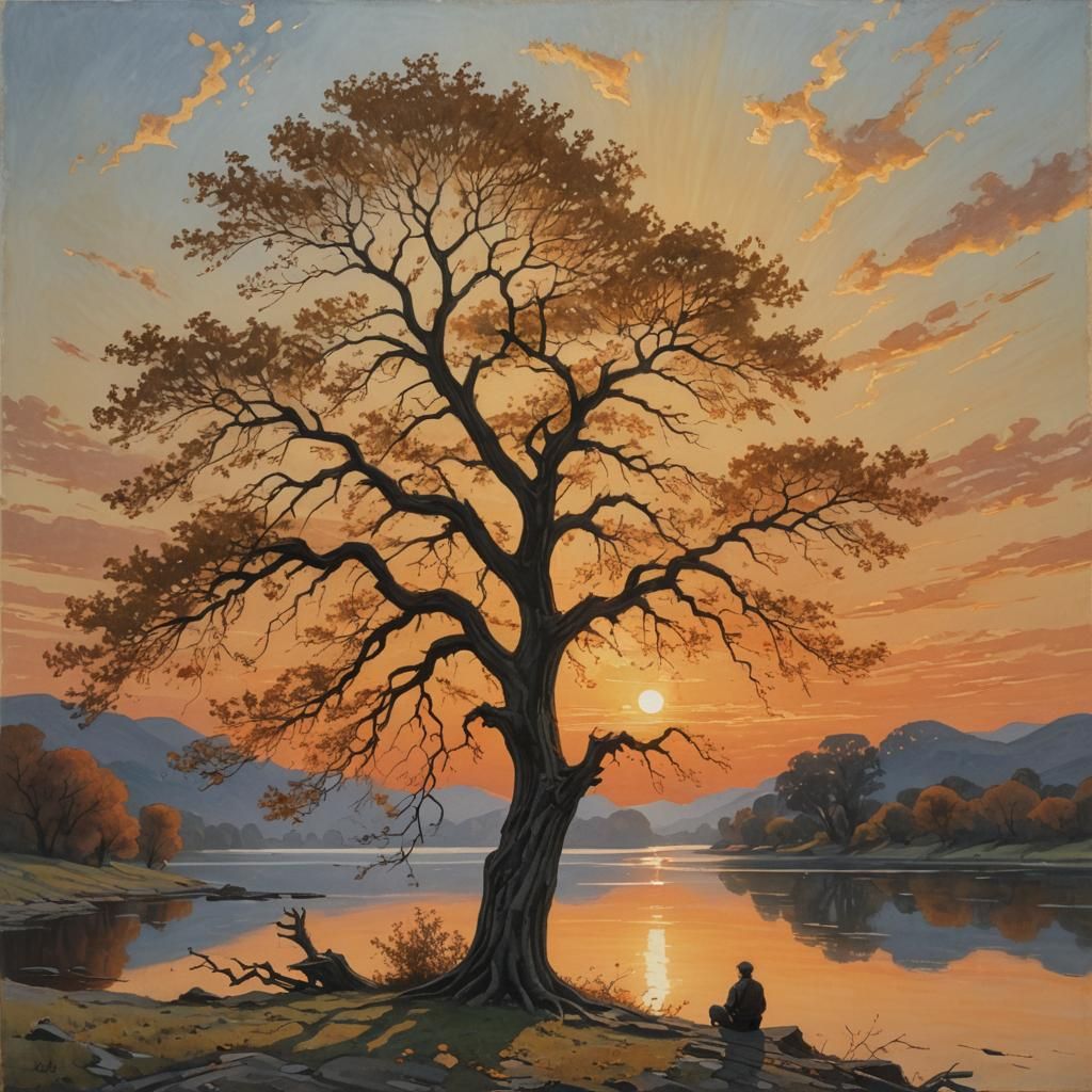 Sunset River Scene with Lone Figure