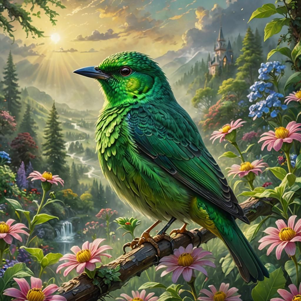 Stunning Green Bird with Flower, Hyperrealistic Detail