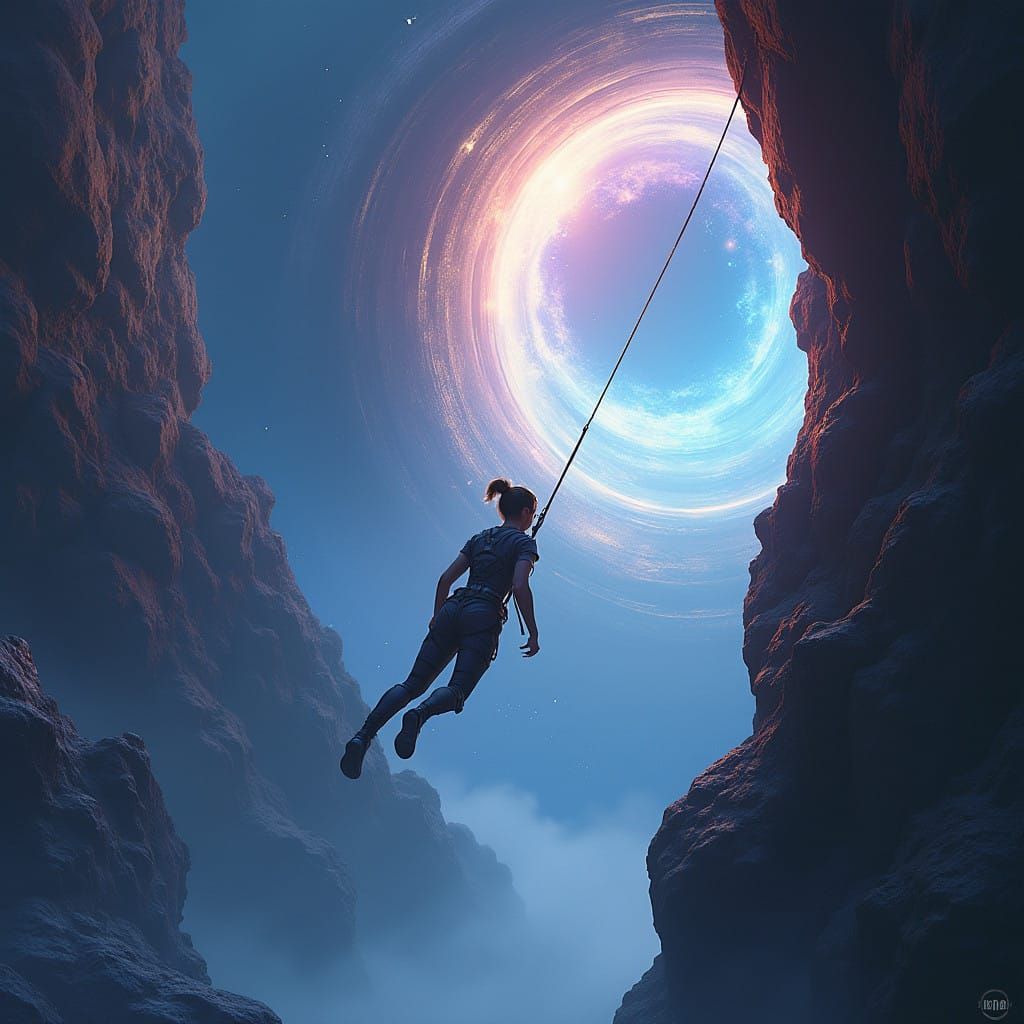 Sleek Adventurer Suspended Above Cosmic Portal